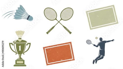 Collection of badminton sports graphic elements shuttlecock, crossed rackets, champion's trophy, and dynamic player silhouette for athletic event designs