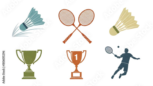 Badminton Tournament Graphics Set with Trophies and Rackets