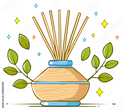 Aromatic diffuser with wooden design, reed sticks and green leaves illustration.