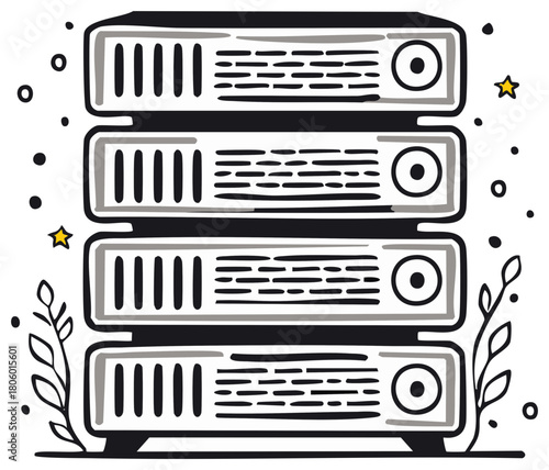 Stylized Server Rack Doodle in Black and White with Stars and Leaves