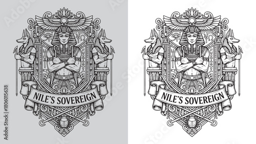 Nile's Sovereign: Egyptian Pharaoh with Anubis Guardians and Hieroglyphs