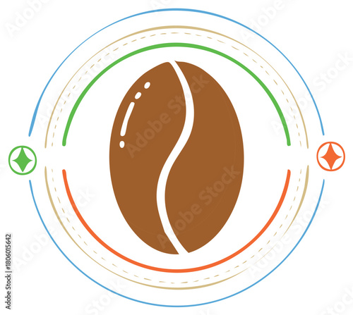 Stylized Coffee Bean Icon with Circular Design and Colorful Accents