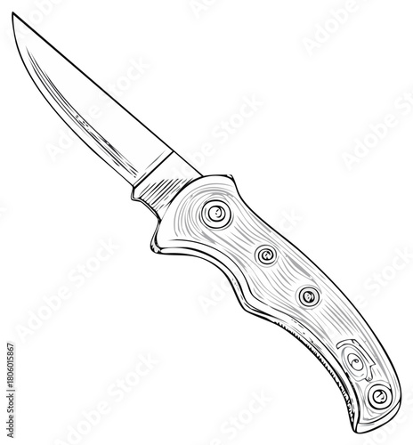 Detailed sketch of a hunting knife with a wooden handle, adventure gear