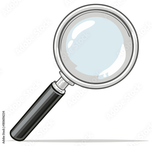 Cartoon illustration of a magnifying glass with a silver frame and a black handle isolated on a white background