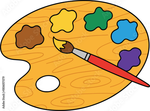 Paint palette and brushes. Painting color pallette, creative drawing tool. Artistic supplies, oil colour pallet on wooden board, artist accessory. Flat vector illustration isolated on white background