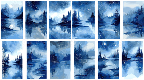 Watercolor panels of serene night landscapes featuring pine forests, calm lakes, reflections, and starry skies in deep blue tones, creating peaceful atmospheric scenery on white background.