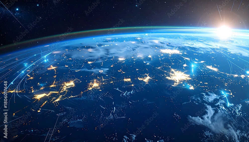 Obraz premium Earth from space at night with city lights and sunrise.