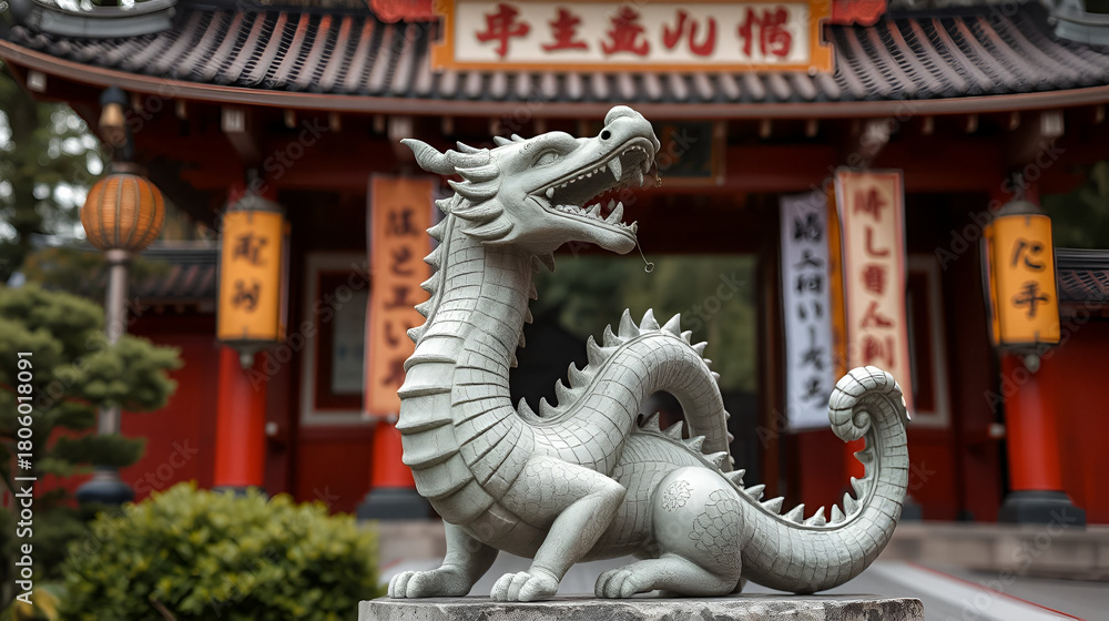 Obraz premium Stone dragon statue at Japanese shrine gateway