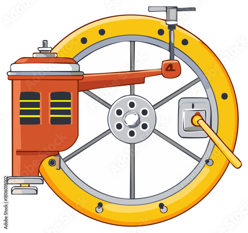 Cartoon illustration of a mechanical device with a wheel and power outlet