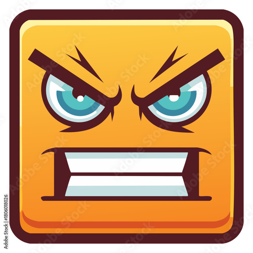 Furious square cartoon character with sharp teeth and intense blue eyes vector illustration