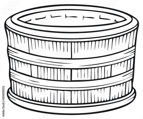 Outline of Round Wooden Hot Tub, Isolated Sauna Bucket Drawing for Coloring Book
