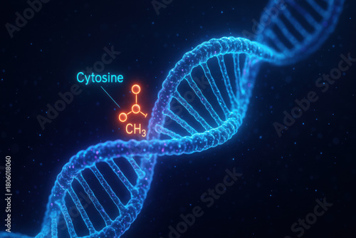 Luminous visualization of DNA epigenome editing concept. This futuristic graphic shows methyl tag on cytosine for genetic regulation, representing groundbreaking discovery