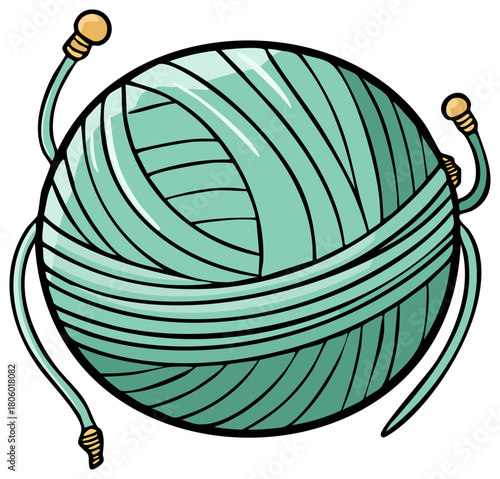 Playful cartoon ball of yarn character flexing its string arms illustration