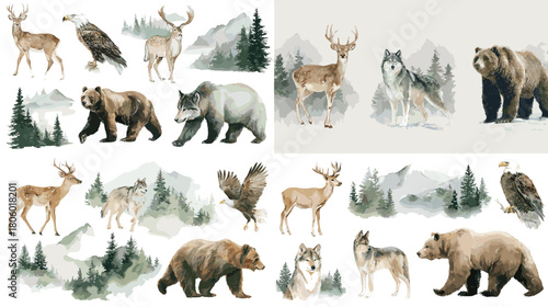 Watercolor illustration set of forest wildlife including bears, wolves, deer, eagles, and mountain scenery, painted in soft natural tones with a calm woodland atmosphere on white background.