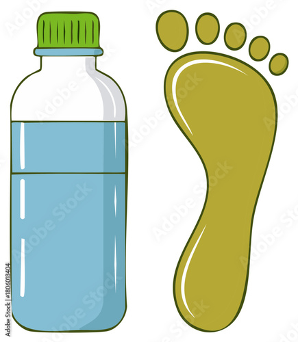 Plastic water bottle with green cap and bare human footprint illustration symbolizing health and hydration
