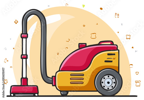 Cartoon illustration of a yellow and red vacuum cleaner on a stylized background