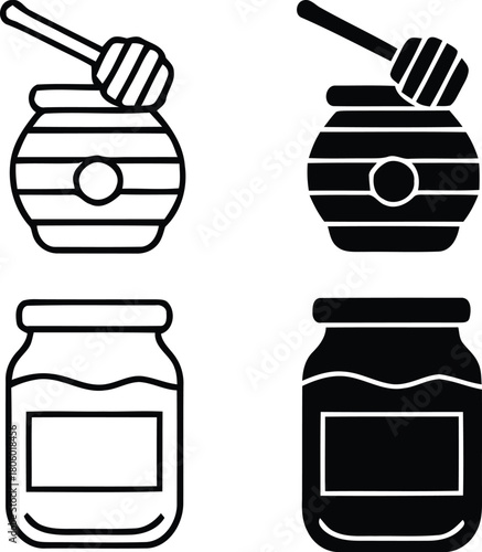 Set of honey jar icons in outline and silhouette styles
