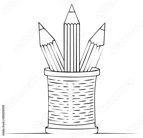 Three sharpened wooden pencils standing in a woven cup illustration