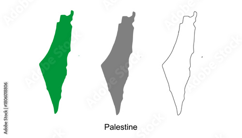 Set of Palestine Map Design. Palestine Map Vector Illustration on Green Silhouette, Gray, and Outline. Perfect for infographics, presentations, and educational materials.