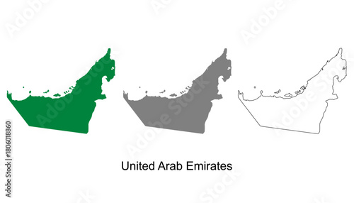 Set of United Arab Emirates Map Design. United Arab Emirates Map Vector Illustration on Green, Gray, and Outline. Perfect for infographics, presentations, and educational materials.