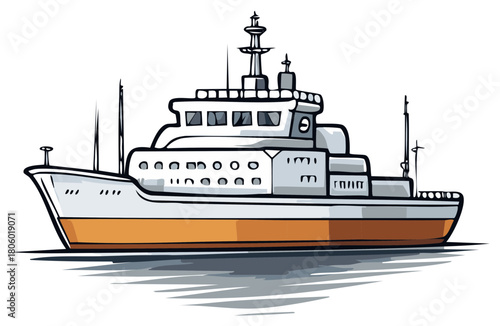 Cartoon illustration of a passenger ship or cruise liner with stylized details.