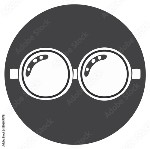 Flat design icon of white round eyeglasses with a long shadow on a gray circle background