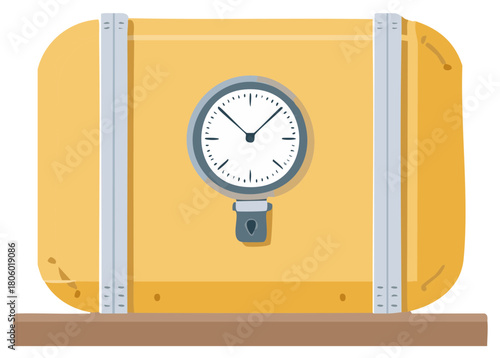 Yellow industrial tank with measurement gauge secured by metal straps flat illustration
