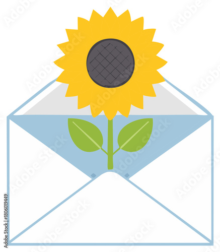 Stylized sunflower with green leaves emerging from an open envelope conveying summer greetings and cheerful news.