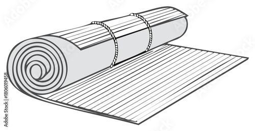 Rolled bamboo mat with rope ties partially unrolled