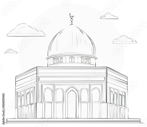 Minimalist line art illustration of an Islamic mosque or temple with a grand dome, crescent finial, and clouds.