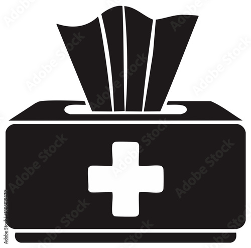 Sanitizing wet wipes in a box with a medical cross symbol black and white icon