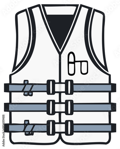 Cartoon style white life vest personal flotation device with gray straps for essential water safety