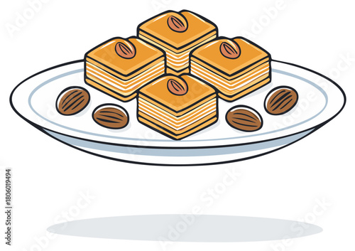 Illustration of Baklava Pastries on a Plate with Almonds