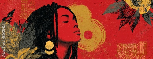 Black woman with braided hair gazing peacefully against a red background, heritage month or black history month concept  