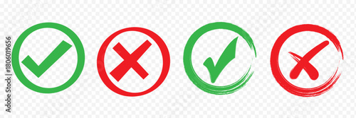 Check tick mark icon set. Cross box x check mark checkbox v list vector draw hand drawn sketch doodle brush marker checklist symbol wrong right circle. Vector Illustration. Red, Green, Black color EPS