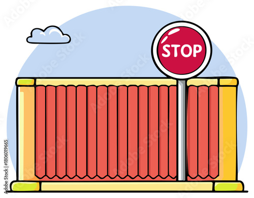 Cartoon Stop Sign Above Accordion Folded Barrier and Cloud