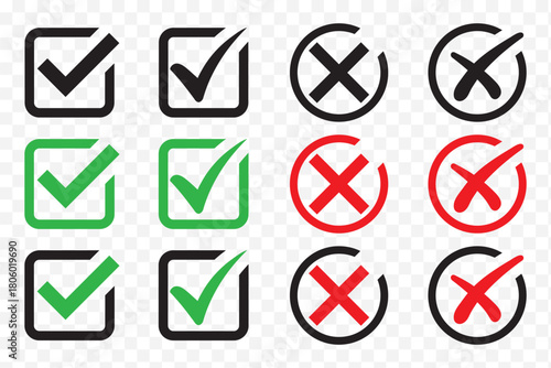 Check mark icon set. Check box icon with right and wrong buttons and yes or no checkmark icons in green tick box and red cross. vector illustration. Best Design. EPS 10.