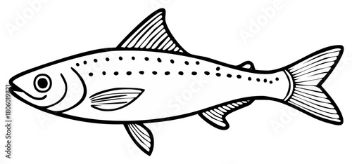 Hand drawn sketch of a fish with spots and fins in black and white line art