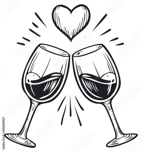 Two wine glasses clinking with heart above, romantic celebration illustration.