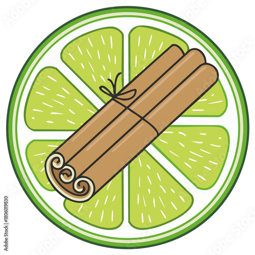 Lime slice and cinnamon sticks tied with string illustration