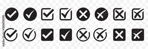 checkmark inside square checkbox, hand-painted brush stroke tick symbol. Check marks doodle set. Vote, yes, no, checkbox, checklist, tick and cross signs, v and x drawn concept. Black Color set EPS 10