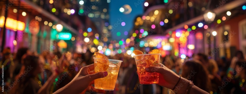 Obraz premium People celebrating Mardi Gras with cocktails in colorful street setting 