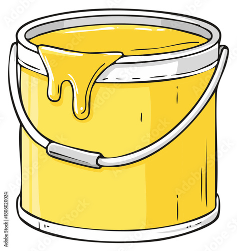 Illustration of a vibrant yellow paint can spilling down the side, paint bucket with handle