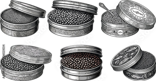 Engraved caviar tin icon set in vintage seafood illustration style with detailed ornate metal containers