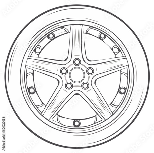 Detailed line art illustration of a car wheel and tire isolated
