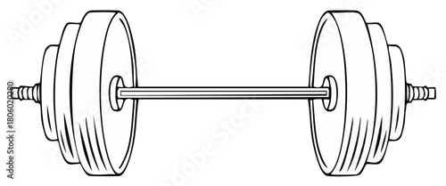 Line Art Barbell with Stacked Weight Plates on White Background