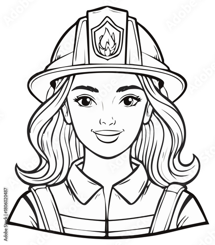 Smiling female firefighter hero in helmet line art coloring page illustration