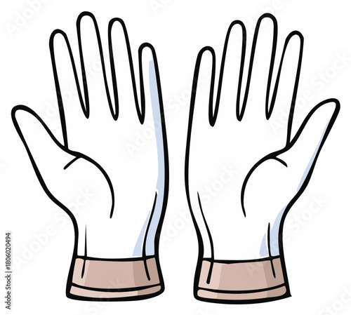 Two cartoon hands wearing disposable medical gloves outstretched palms open