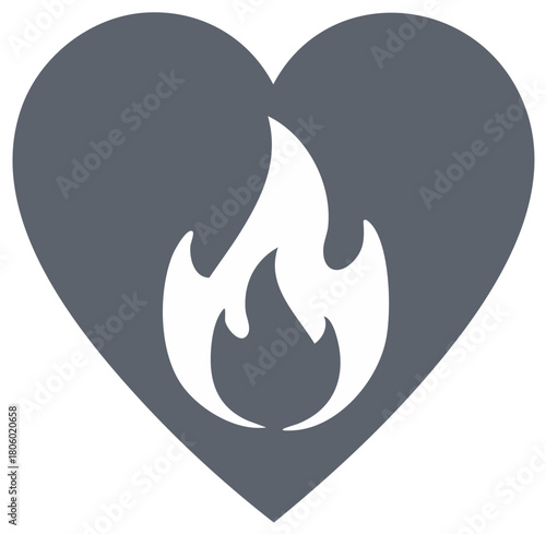 Burning love icon. Gray heart shape with a white flame inside, passion and strong emotion