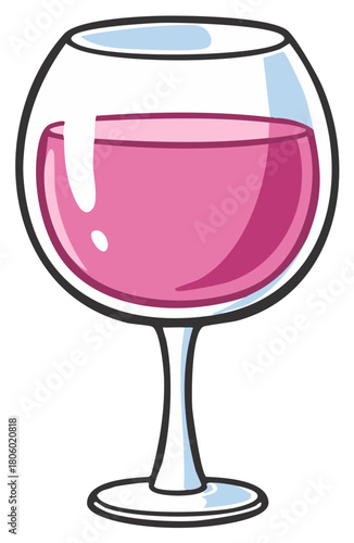 Cartoon illustration of a wine glass filled with pink wine with highlights